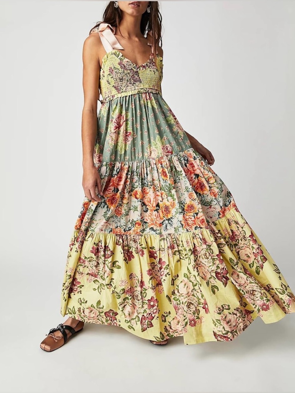 FREE PEOPLE Floral Tiered Maxi Dress with Pink Bow Straps XS - Picture 3 of 11